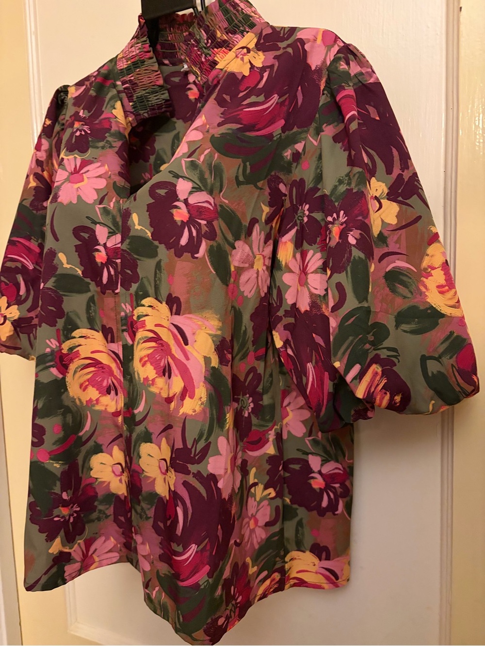 THML Olive Floral V-Neck Puff Sleeve Blouse - Picture 6 of 10